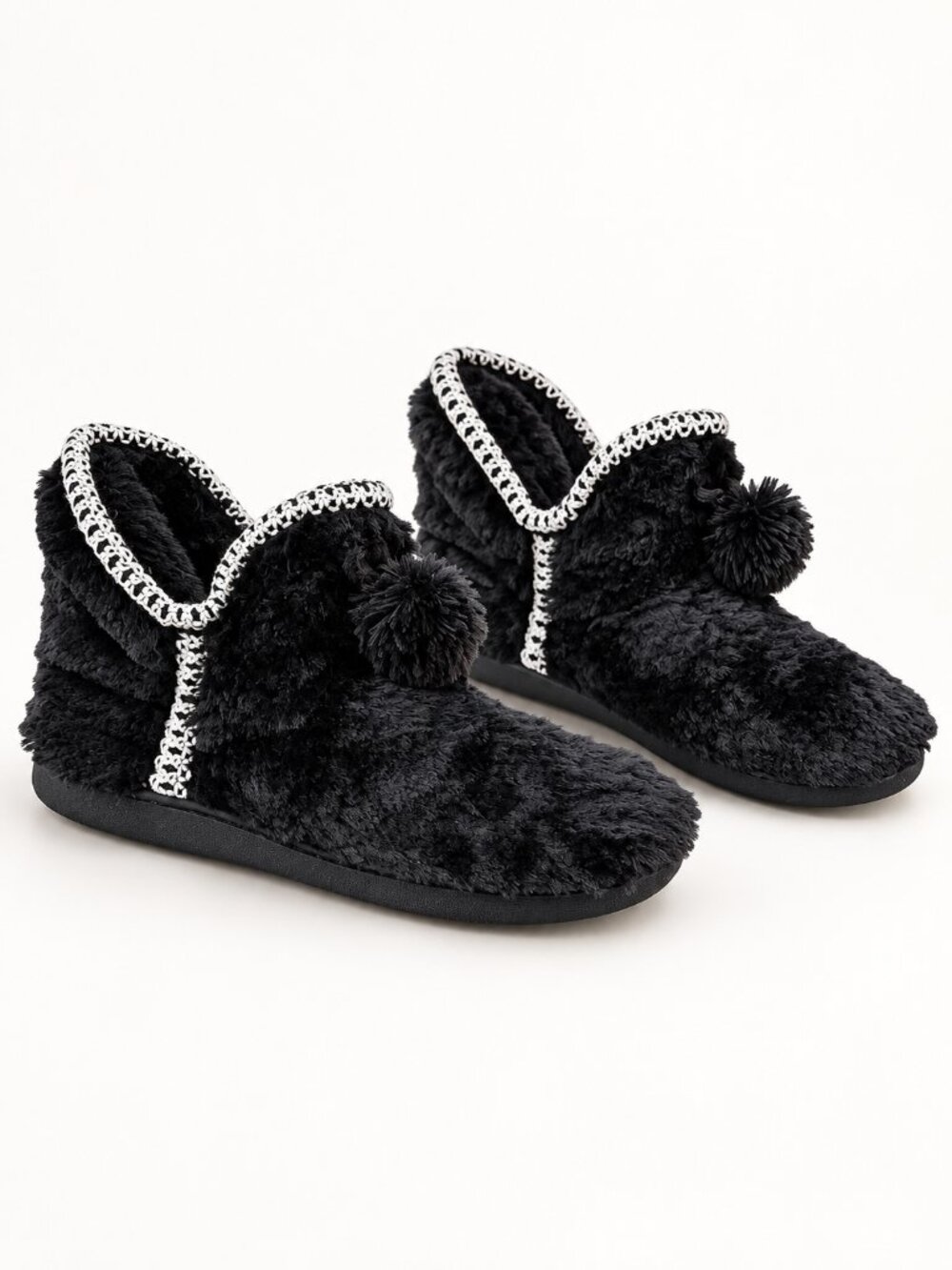 Muk Luks Black Fuzzy Pom-Pom Slippers Women’s 9/10 | Cozy Winter House Shoes